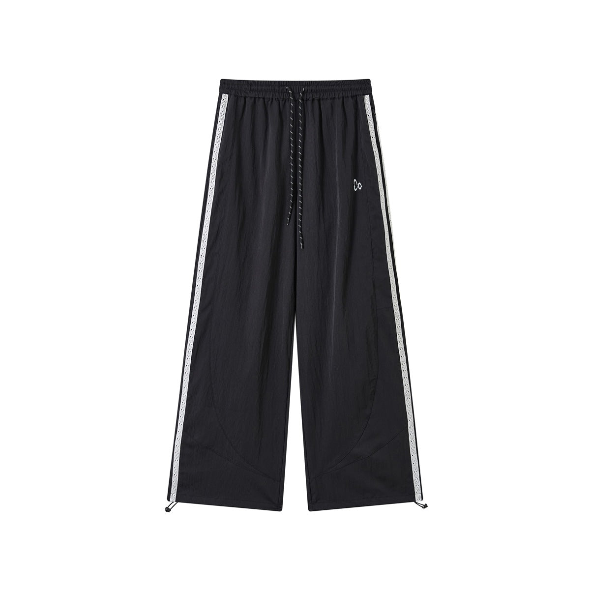 Black wide-leg pants with drawstring waist, white side tape and hem toggles, front flat view