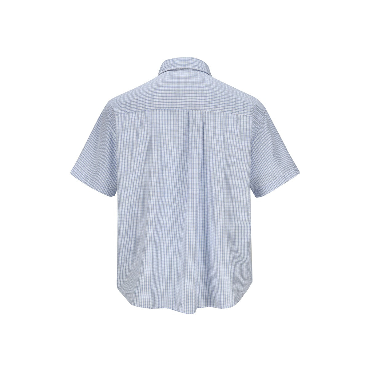 Back view of a short-sleeve shirt in a fine blue-and-white check, shown flat against a white background.