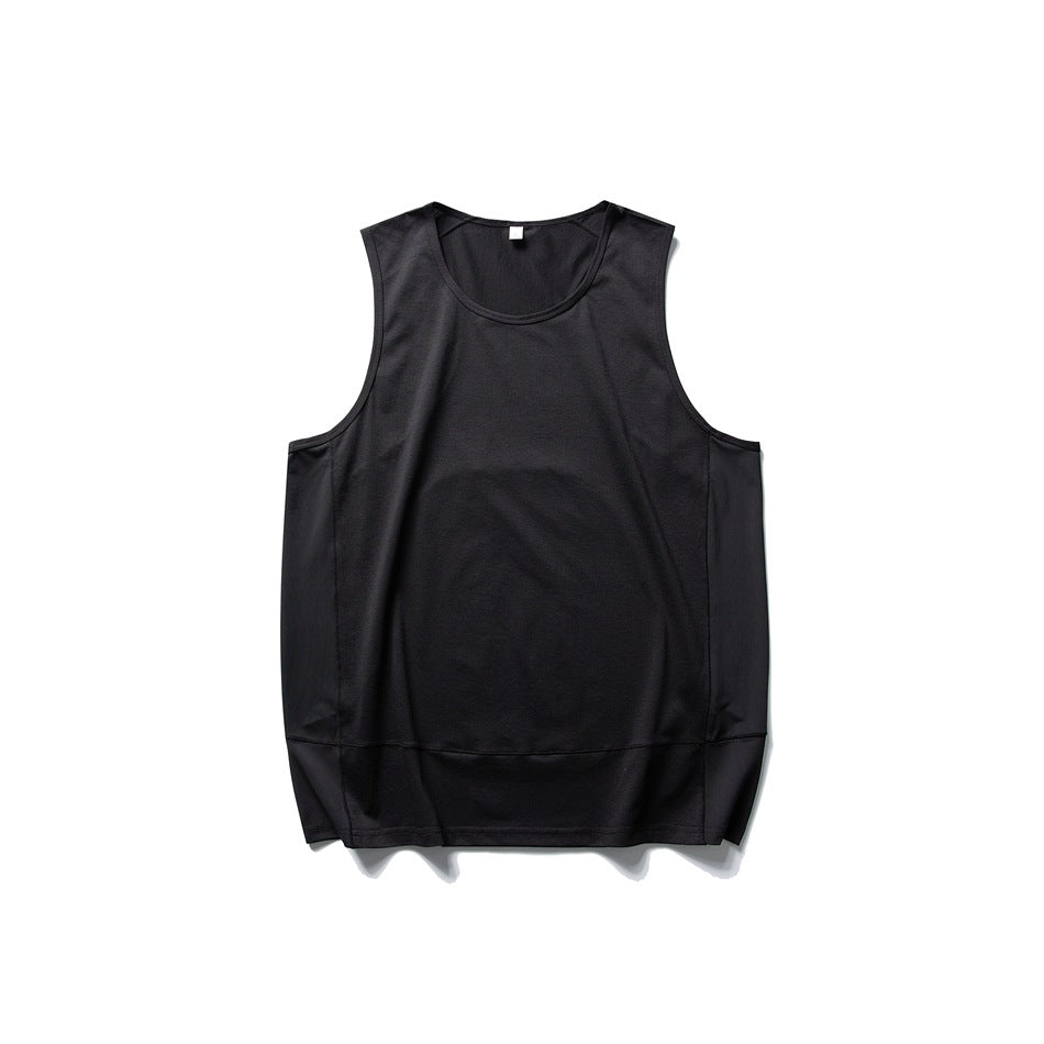 Black sleeveless round-neck tank top flat lay with side panel seams and a lower hem band