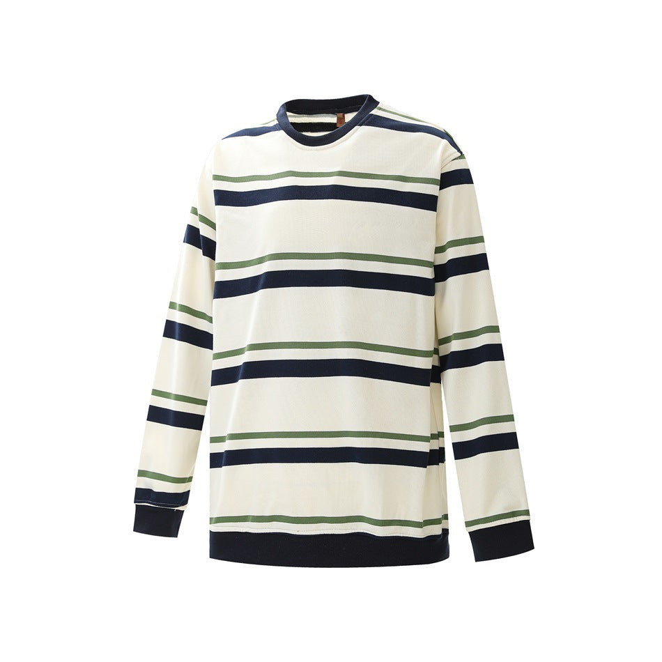 Front of an ivory long-sleeve shirt with navy and olive horizontal stripes, a navy crew neck, cuffs, and hem.