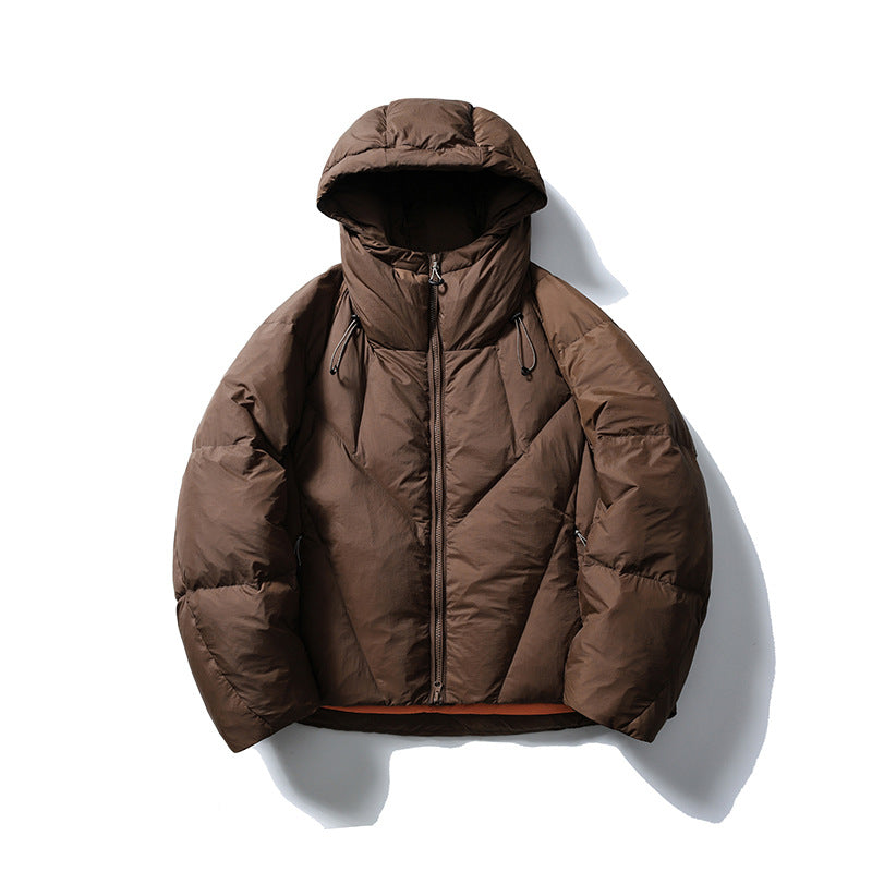 Brown hooded puffer jacket with front zip, drawcords and orange hem lining, flat view