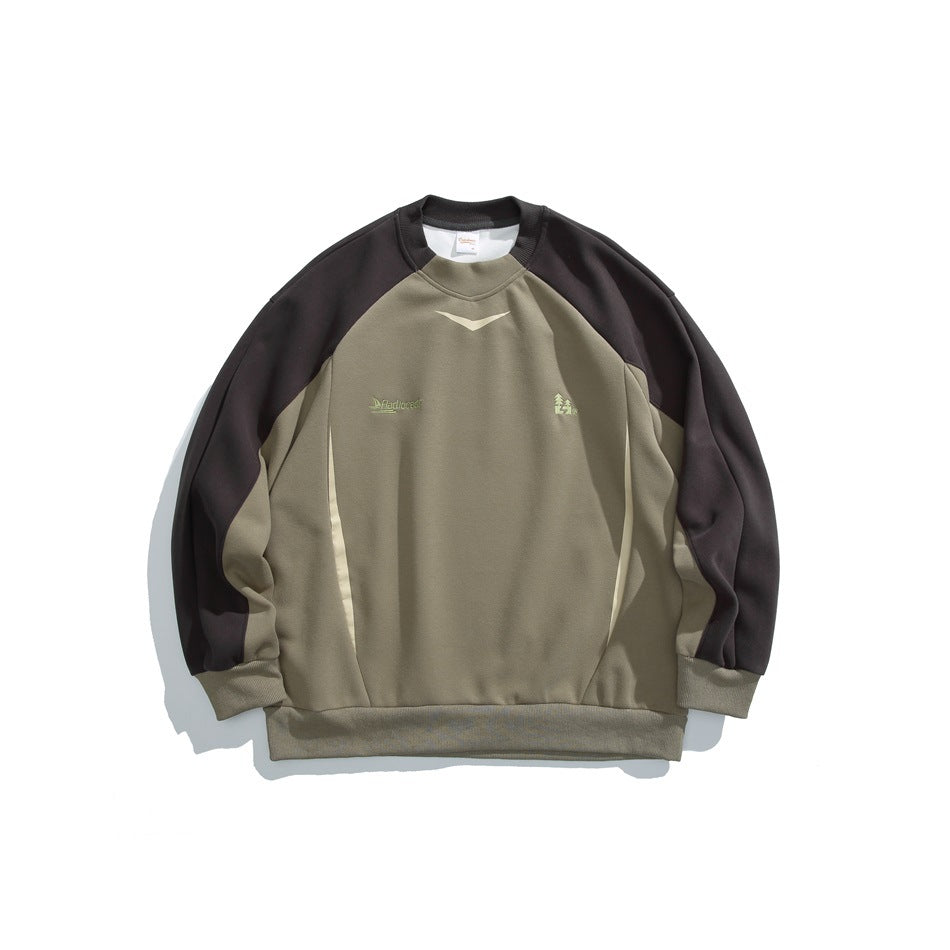 Army green crewneck sweatshirt with dark charcoal raglan sleeves, ribbed trim and small chest embroidery, flat lay