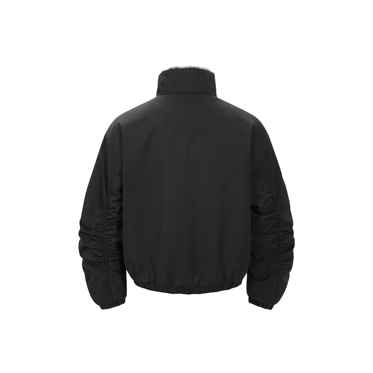 Rear view of a black jacket with a high collar, gathered sleeves, and an elasticized hem.