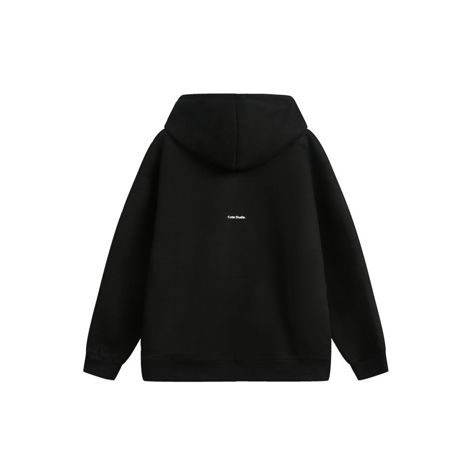 Back view of a black pullover hoodie with a small centered “Cute Dude” print.