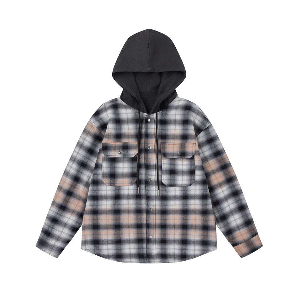 Black plaid hooded jacket with peach accents, flap chest pockets, snap front and drawstring hood, flat lay front view