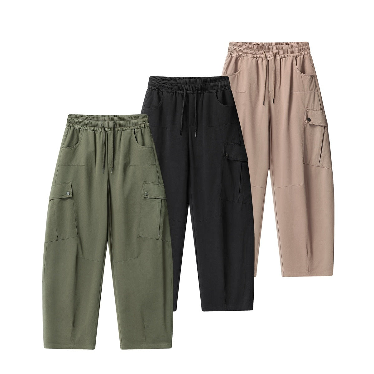Three wide-leg cargo pants with elastic drawstring waists and snap-flap pockets, in olive green, black, and taupe.
