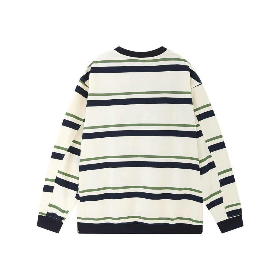 Back of an ivory long-sleeve shirt with navy and olive horizontal stripes, a navy crew neck, cuffs, and hem.