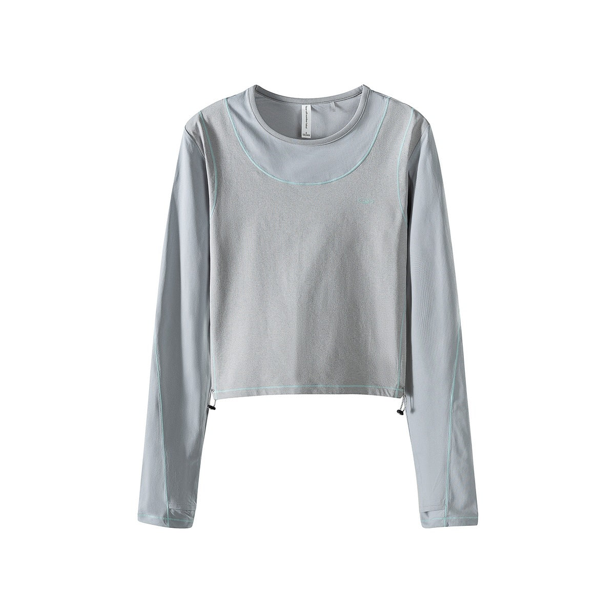 Light gray cropped long-sleeve top with light teal contrast stitching and side hem toggles