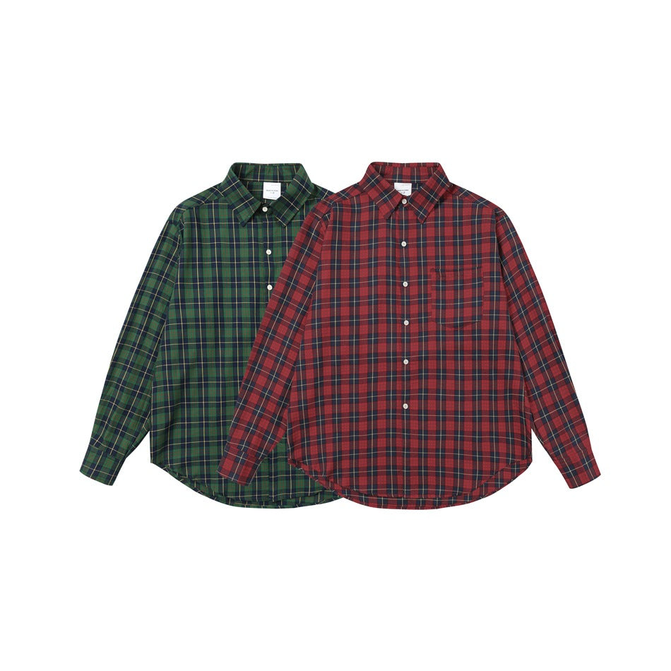 Two long-sleeve plaid button-up shirts shown from the front: one green and navy, the other red and navy.