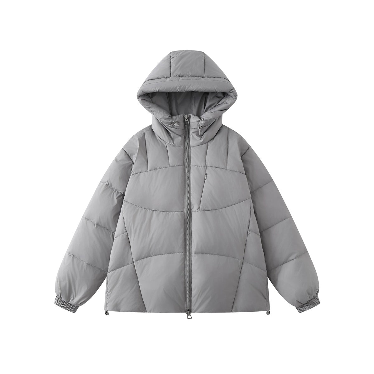 Light gray hooded quilted puffer jacket, front view on a plain white background, with center zipper and elastic cuffs