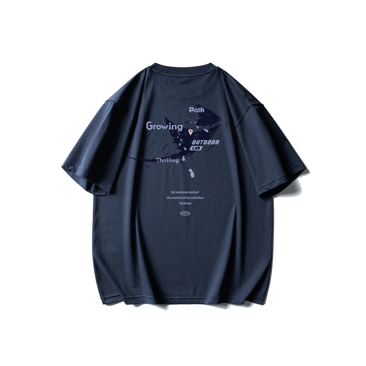 Back view of a navy oversized T-shirt with a map graphic, colorful accents, and English text.
