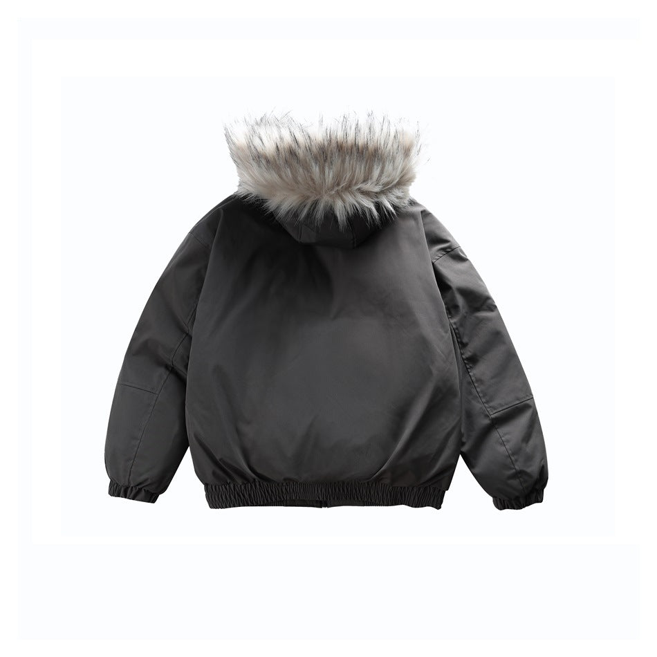 Back view of a charcoal gray hooded jacket with light fur trim and gathered cuffs and hem.