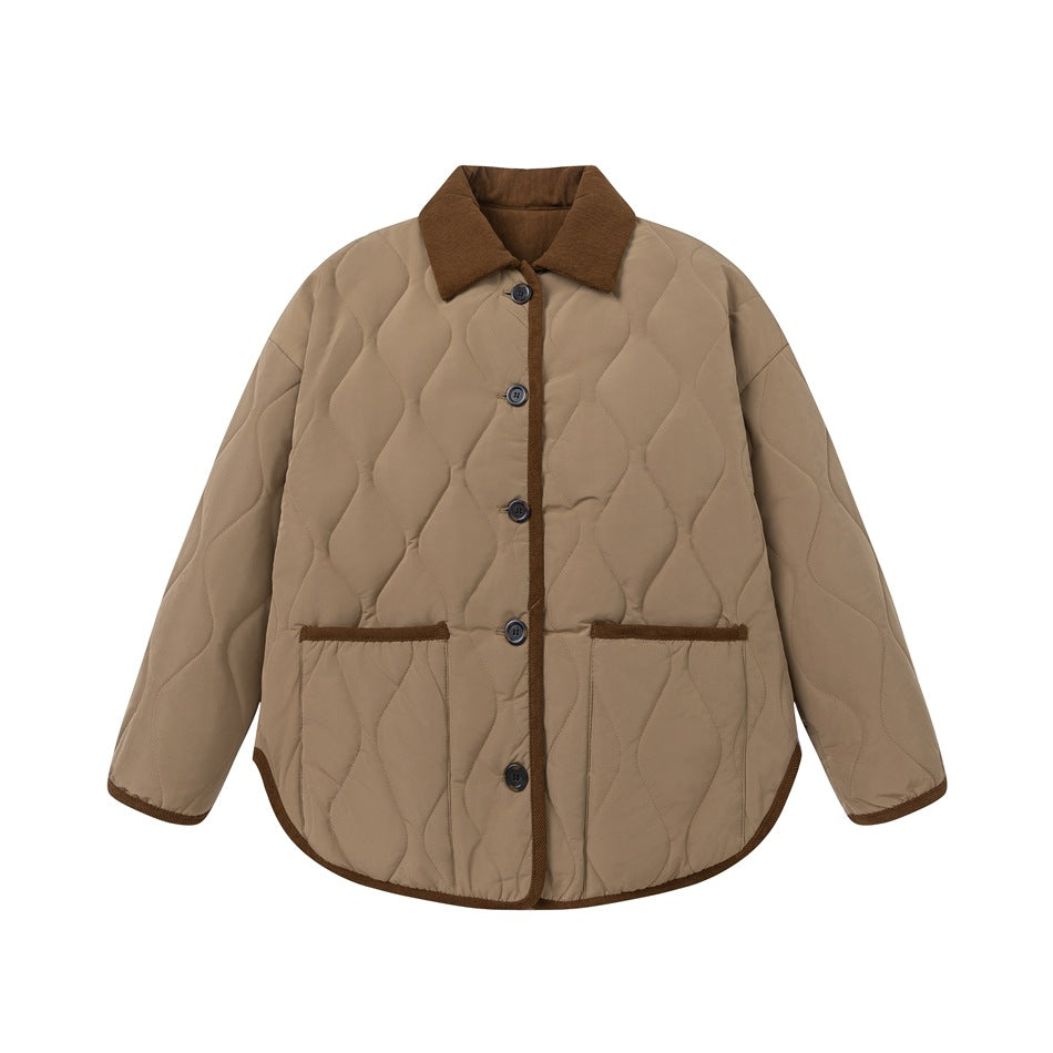 Khaki brown quilted button-front jacket with brown contrast collar, pockets and trim, flat front view