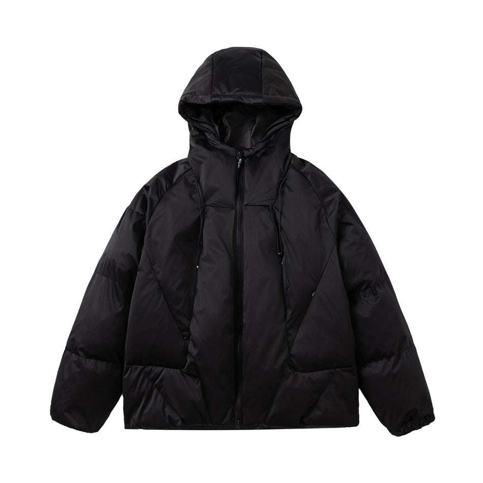 Black hooded zip-up puffer jacket with quilted panels and drawcords, flat front view on a white background