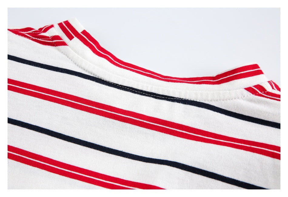 Close-up of the striped shirt's round neckline with red and navy bands on white fabric.