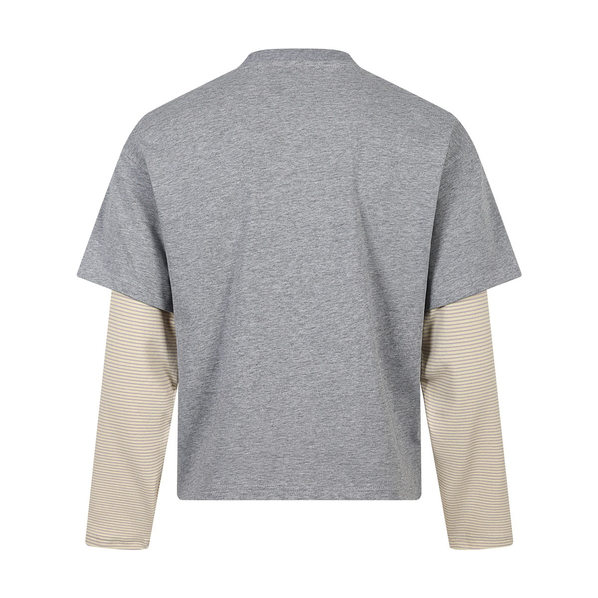 Back view of a gray short-sleeve shirt layered over cream sleeves with thin lavender stripes.