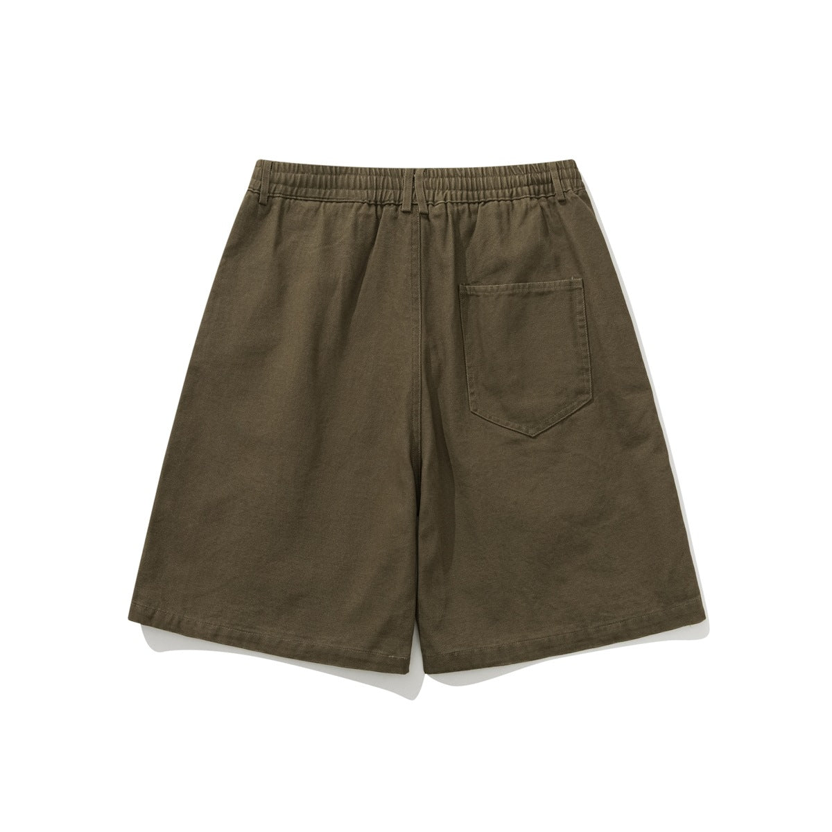 Back view of olive wide-leg shorts with an elasticated waistband and a single patch pocket.