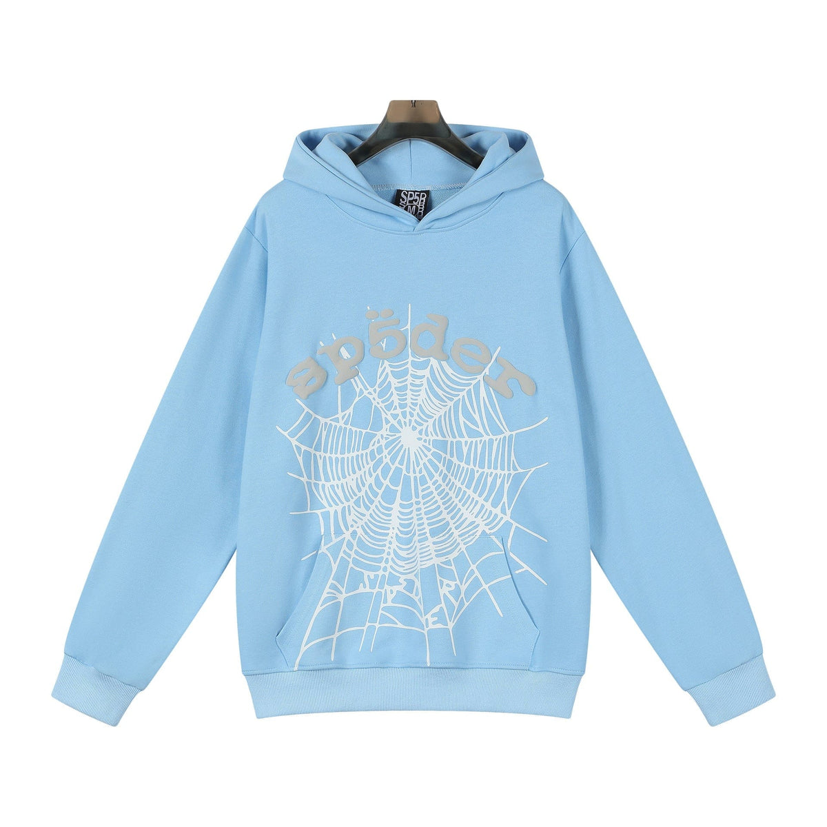 The Sp5der Hoodie – Sky Blue Web 440GSM Heavyweight Streetwear Pullover features a bold white spiderweb graphic and sp5der branding on the front, crafted from heavyweight cotton fleece for standout street style.