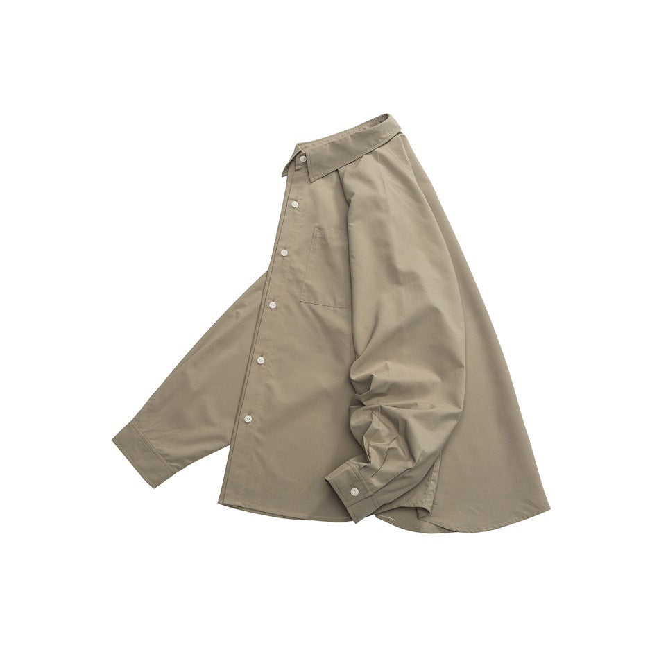 Taupe long-sleeve button-up shirt arranged flat, with a pointed collar, chest pocket, and white buttons.