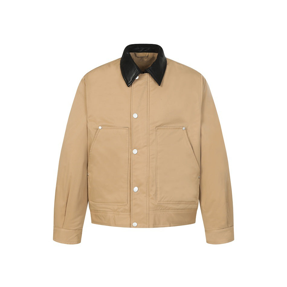 Khaki jacket with black collar, snap front and two large patch pockets, flat front view