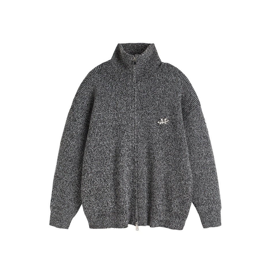 Gray heather knit zip-front sweater with stand collar and small metallic chest emblem on white background
