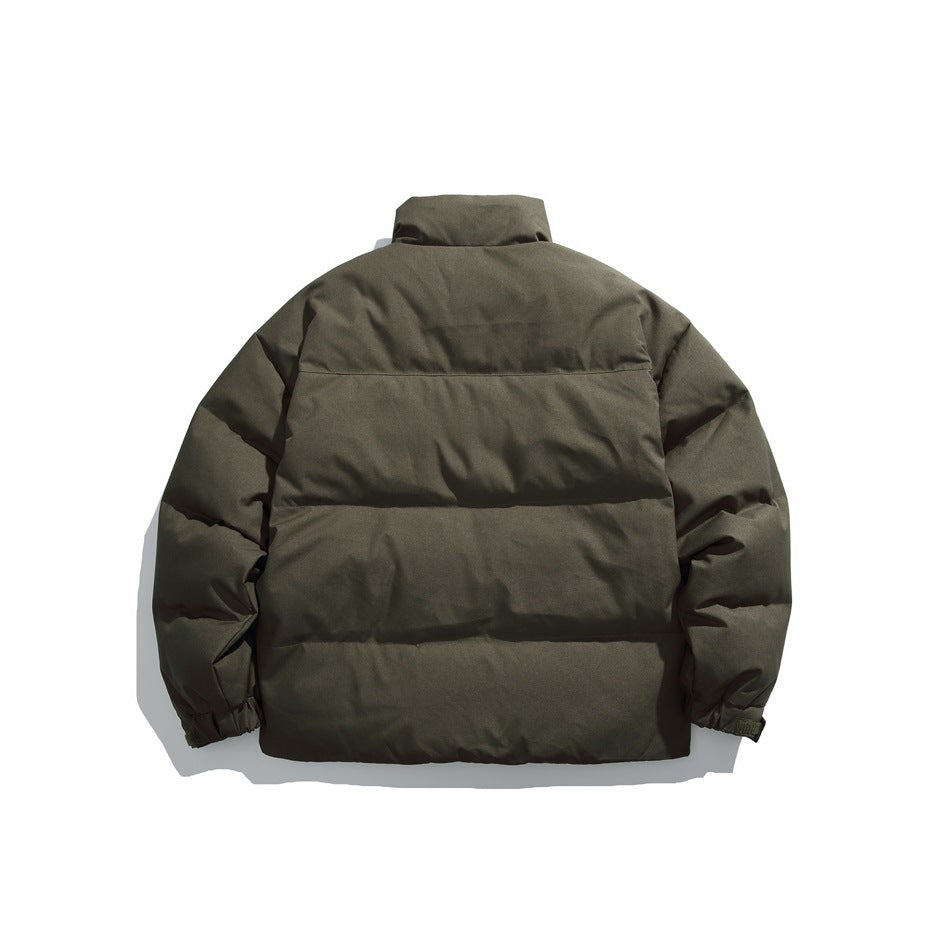 Back view of a dark olive padded jacket with horizontal quilting, a stand collar and elastic cuffs.