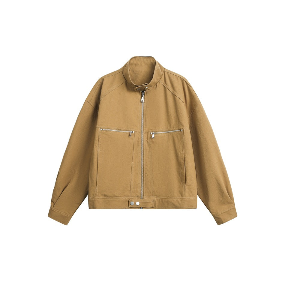 Khaki stand-collar zip jacket with two zip chest pockets and snap hem tab, front flat lay