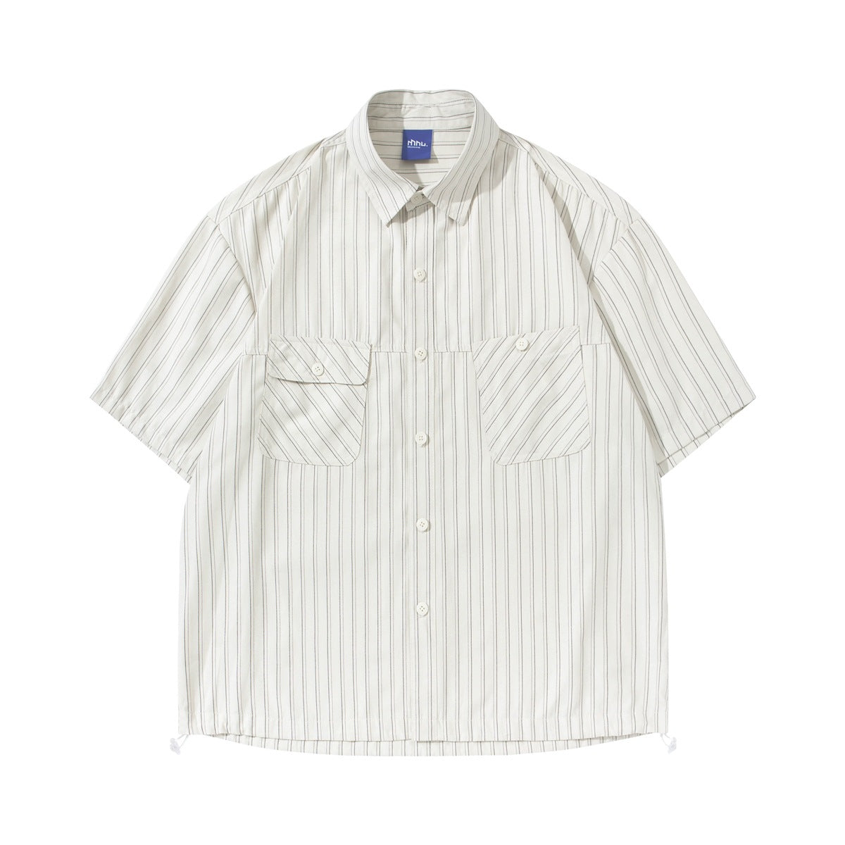 Off-white pinstripe short-sleeve button shirt with two chest flap pockets and side hem drawcords, flat lay front view