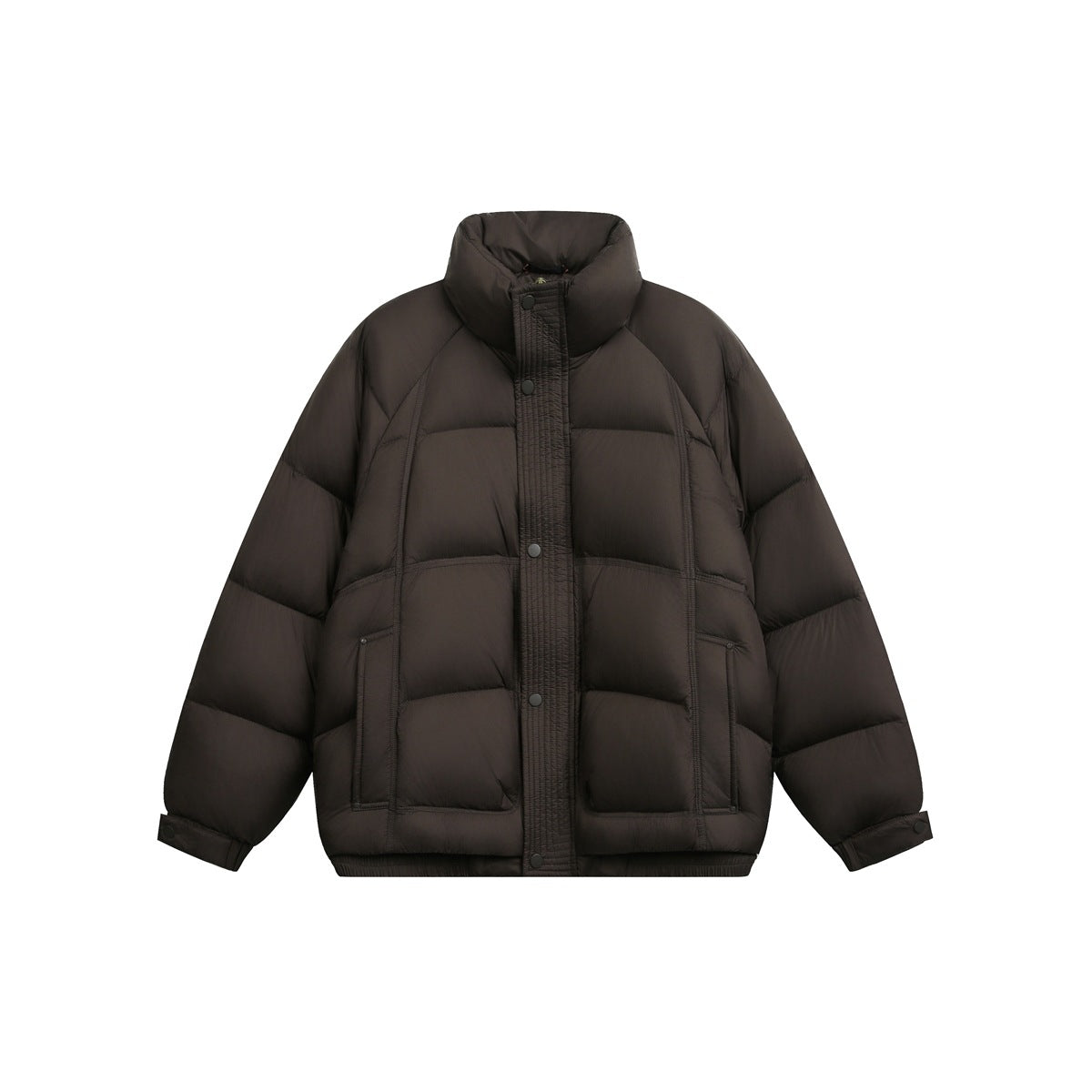 Dark brown puffer jacket with stand collar, snap-button placket and quilted channels, flat front view