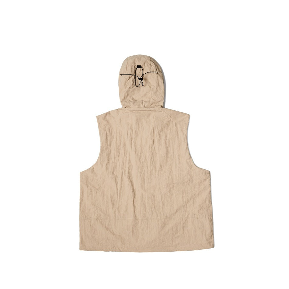Khaki hooded sleeveless vest, flat lay back view with adjustable drawcord at the back of the hood