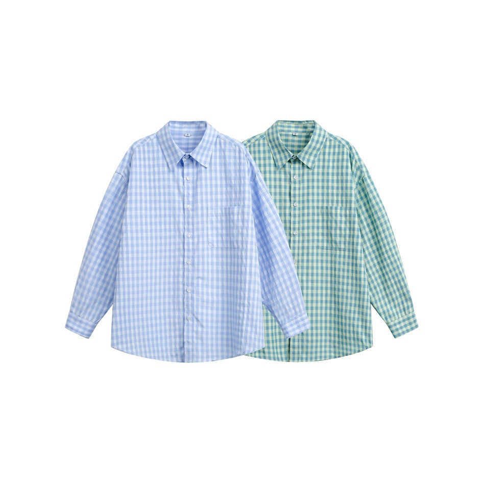 Two long-sleeve button-up shirts with chest pockets, shown in light blue-and-white and teal-and-pale-yellow gingham.
