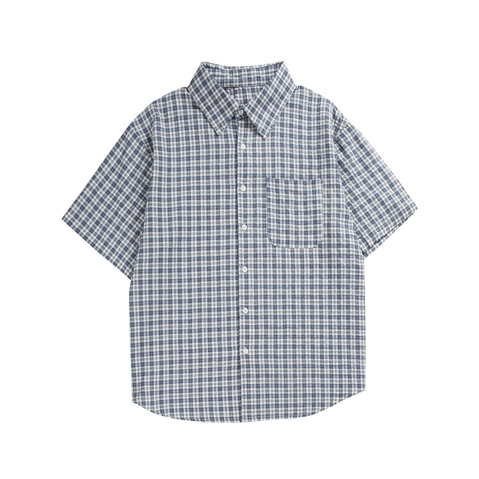 Blue and white small plaid short-sleeve button-up shirt with chest pocket, flat lay front view