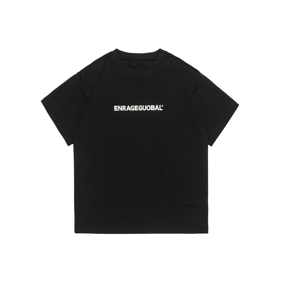 Front view of a black short-sleeve crew-neck T-shirt with a small white chest print.