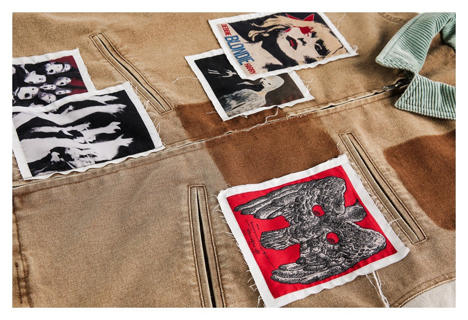 Close-up of the brown jacket's front pockets and assorted graphic patches, including a red owl illustration.
