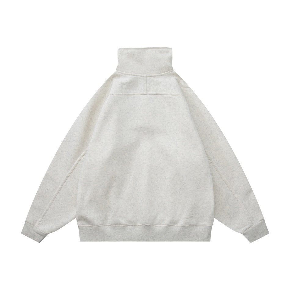 Back view of light heather gray sweatshirt with high collar, back yoke seam and ribbed cuffs and hem