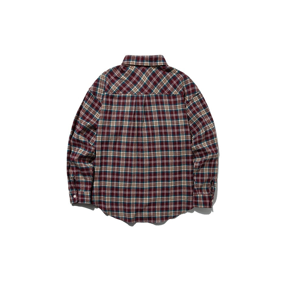 Back view of a burgundy, teal, and cream plaid long-sleeve button-up shirt.