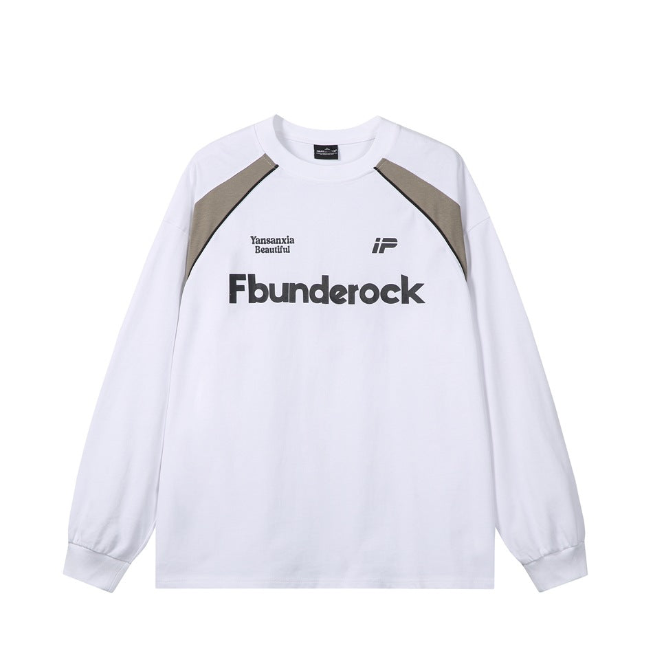 White long-sleeve crew neck sweatshirt with taupe raglan shoulder panels and black Fbunderock chest print, flat lay