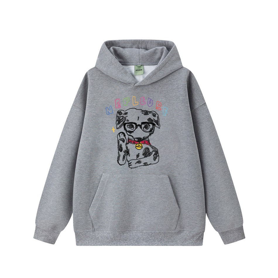 Heather gray pullover hoodie with front pocket and a colorful dog graphic wearing glasses under rainbow lettering