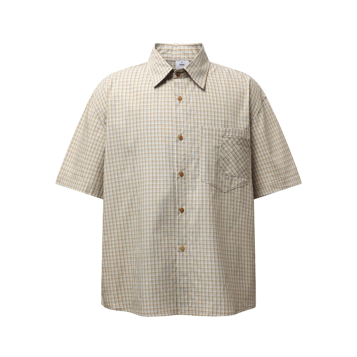 Khaki check short-sleeve button-up shirt, front flat view with chest pocket and brown buttons