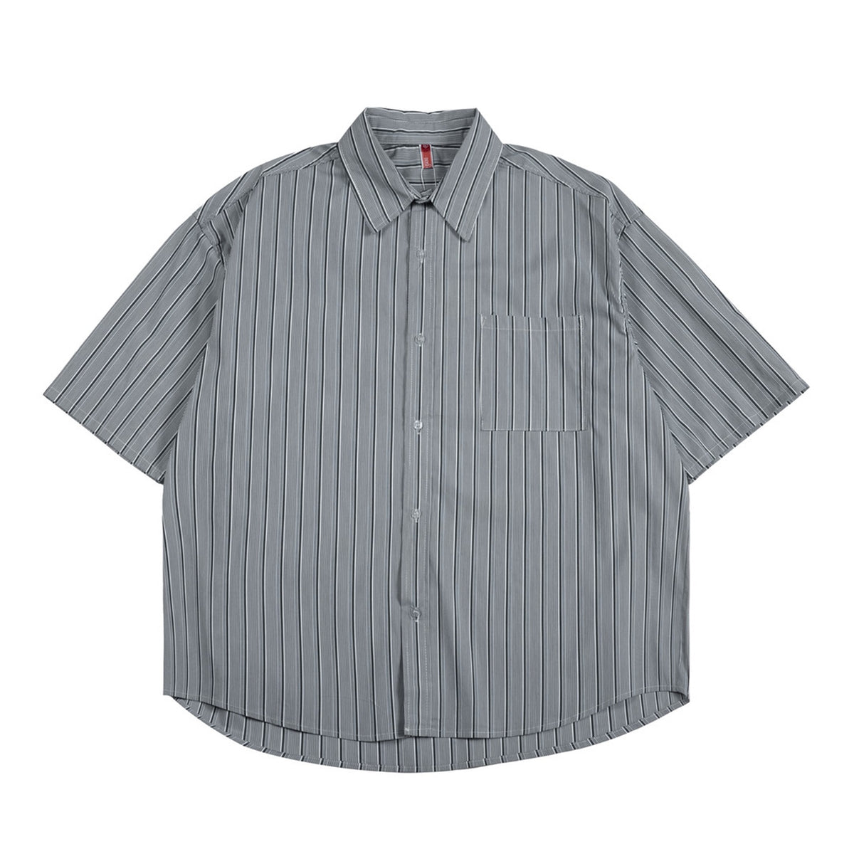 Gray vertical-striped short-sleeve button-up shirt with chest pocket, flat lay front view
