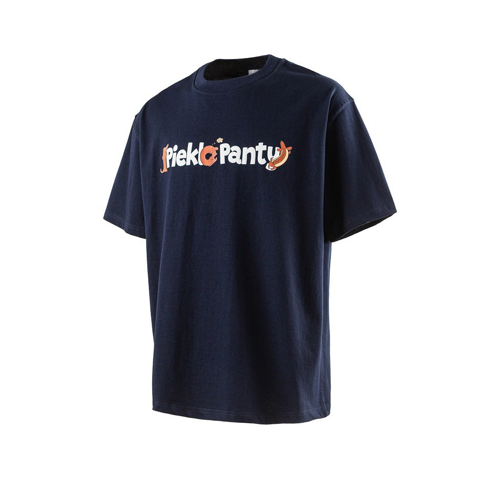 Navy short-sleeve crew-neck T-shirt with a 'Piekl Panty' chest graphic, shown flat at an angle