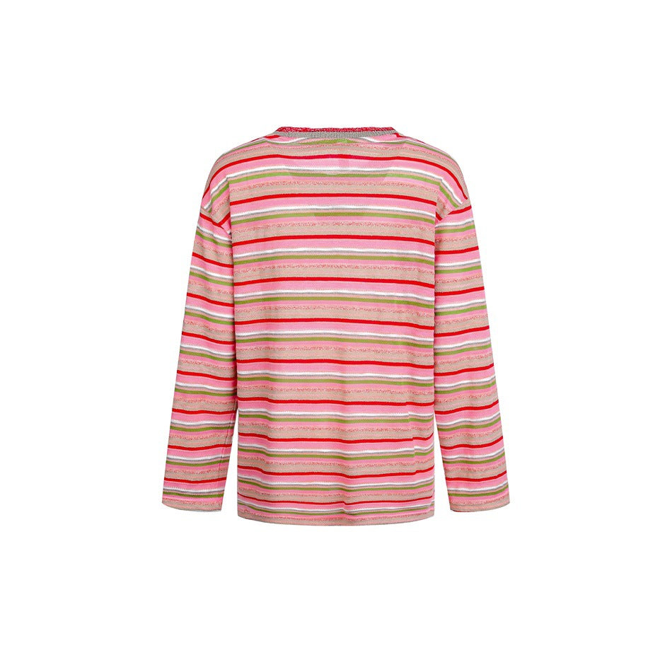 Back view of a long-sleeved top with horizontal pink, red, green, beige, and white stripes.