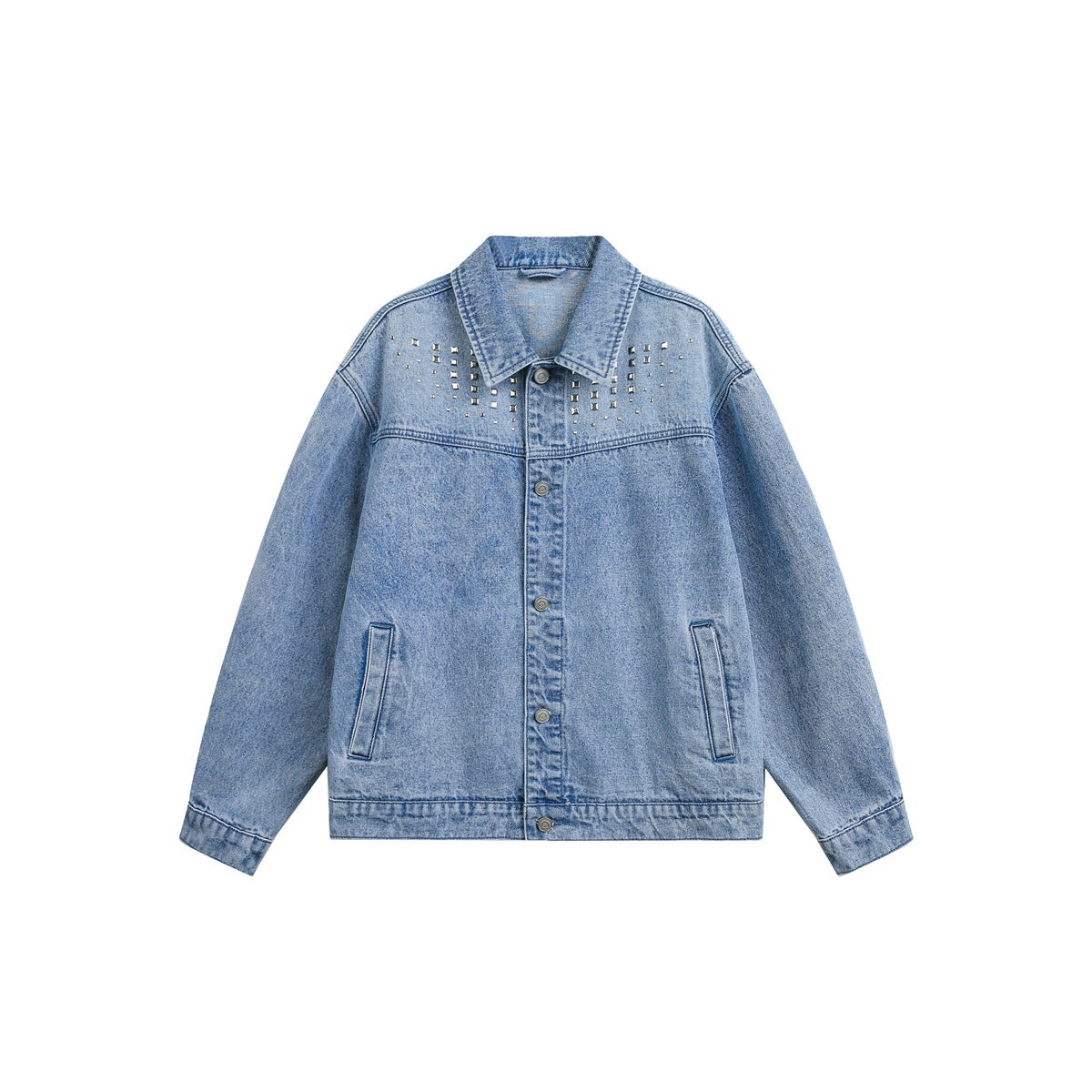 Light-wash blue denim jacket with silver studs on collar and yoke, button front, flat lay on white background