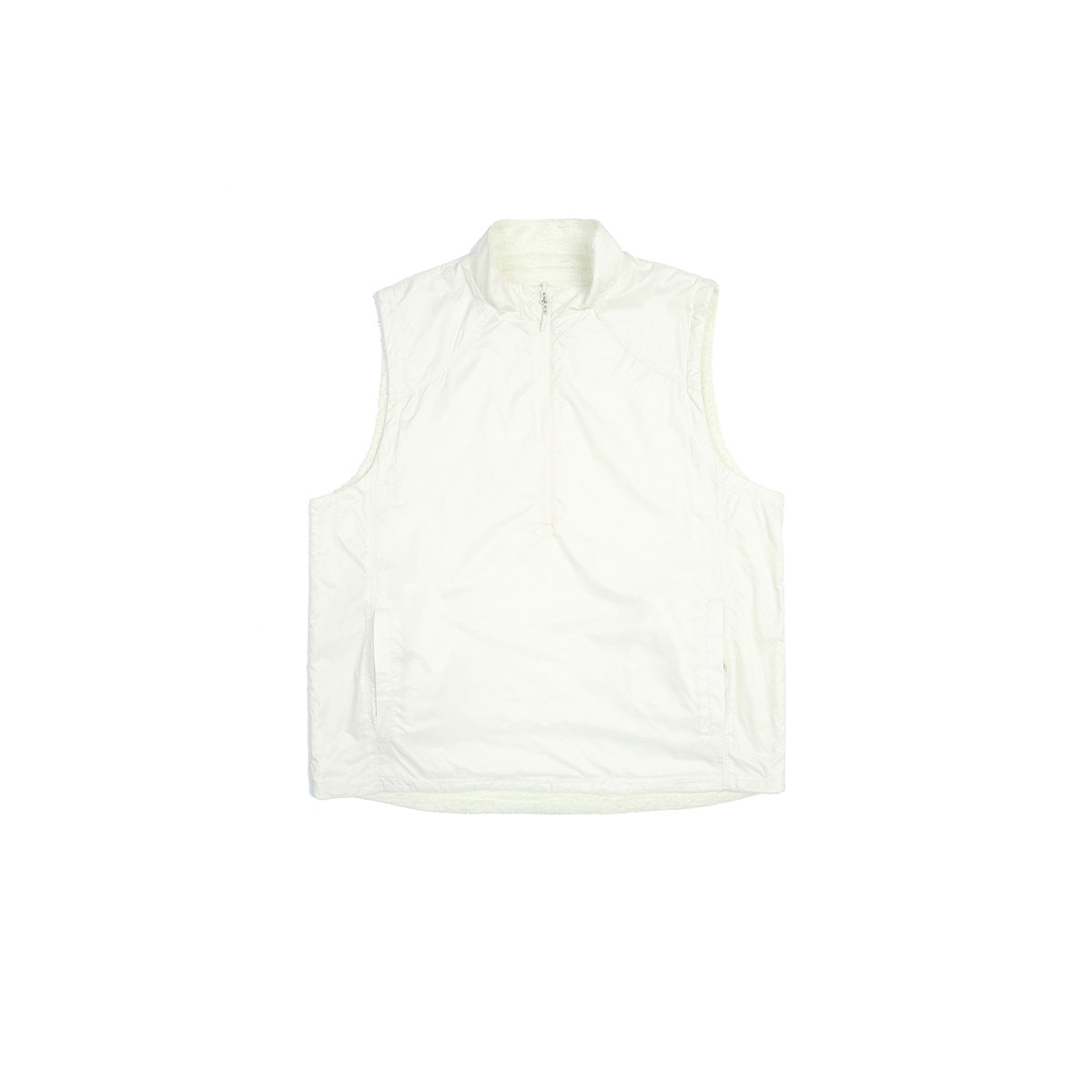 White sleeveless half-zip stand-collar vest flat lay with a smooth shell and fluffy pile edges