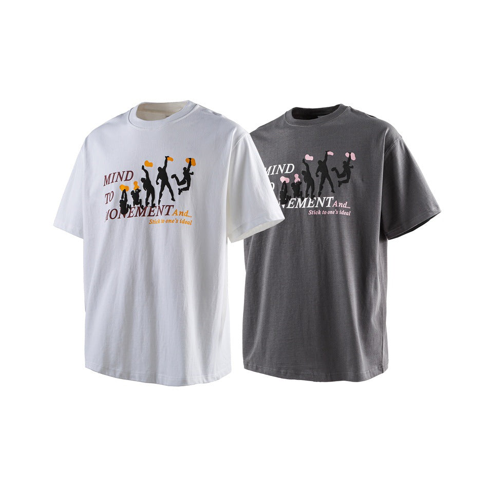 White and charcoal short-sleeve crew-neck T-shirts shown from the front, each with a graphic of silhouettes and text.