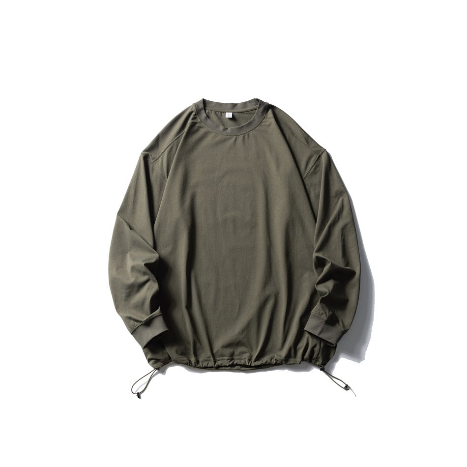 Army green long-sleeve crew-neck top flat lay with drawstring hem and toggle cords