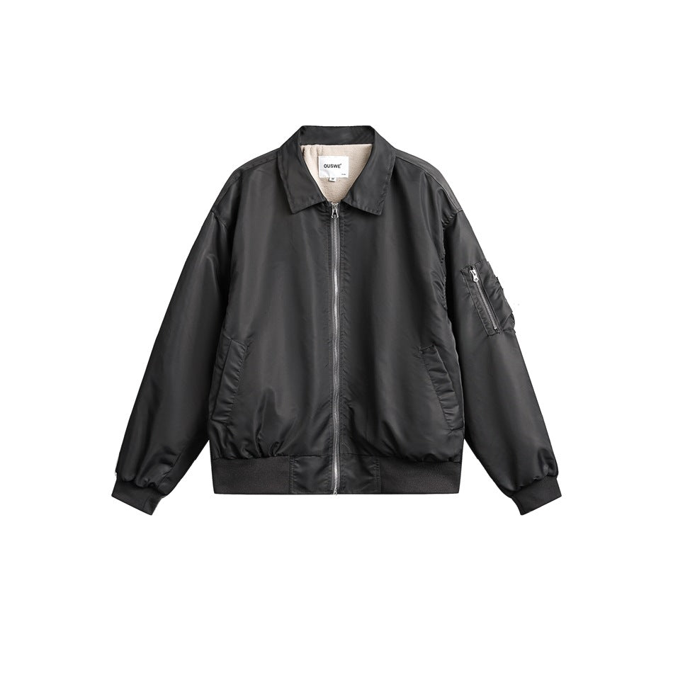 Dark gray bomber-style jacket with collar, front zipper, ribbed hem and cuffs, and a zippered sleeve pocket, flat front view