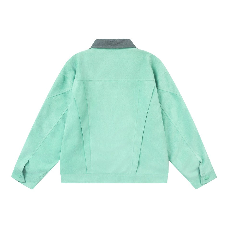 Back view of a mint jacket with a gray collar, shaped seams, and buttoned cuffs.
