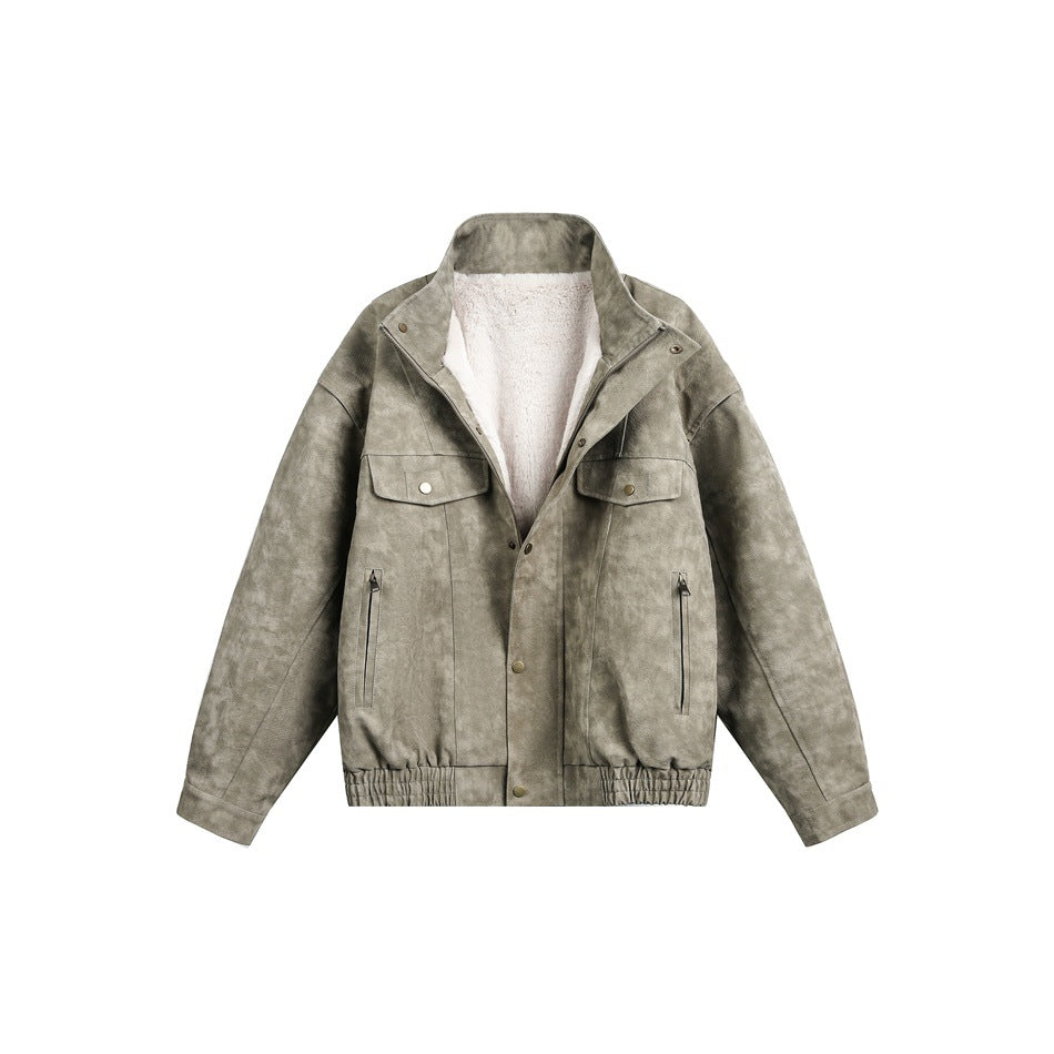 Front of an olive-gray jacket opened to show its pale plush lining, flap chest pockets, and zip pockets.