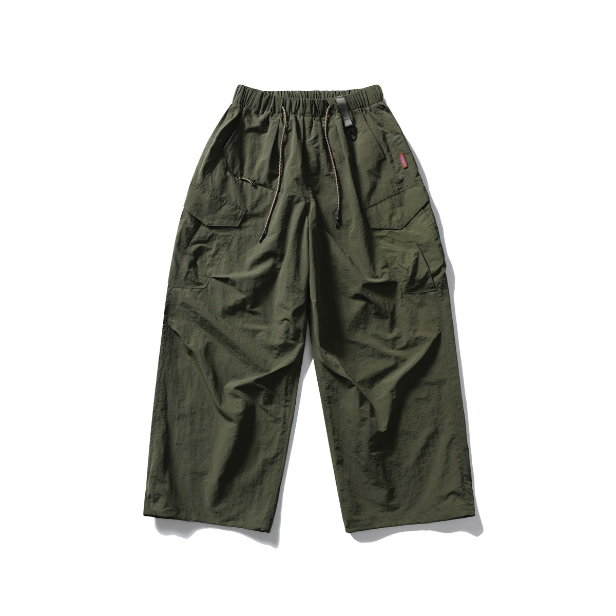 Olive green wide-leg cargo pants with an elastic drawstring waist, flap pockets and straight hems.